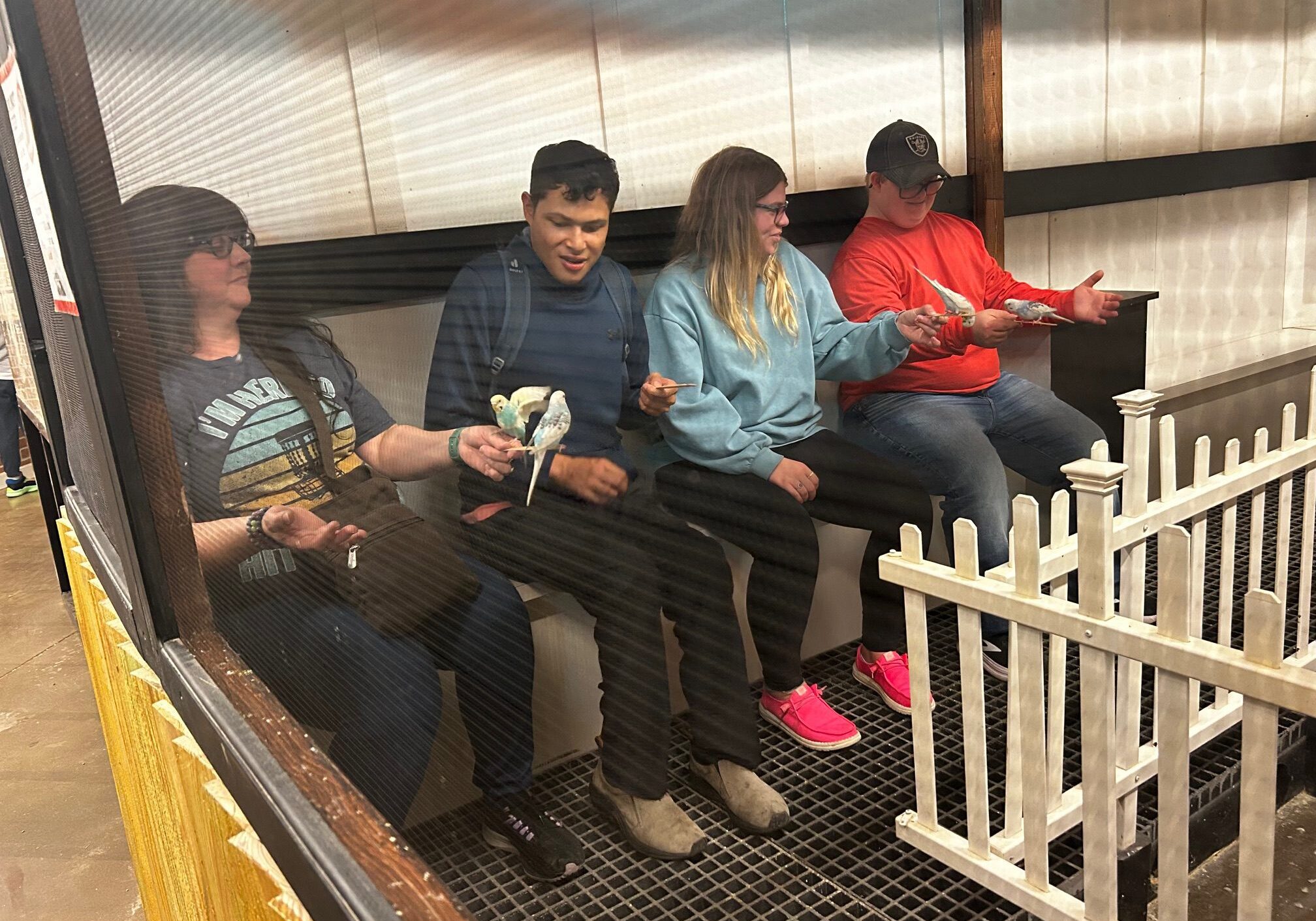 Four people sitting and knitting indoors, focused on their work.